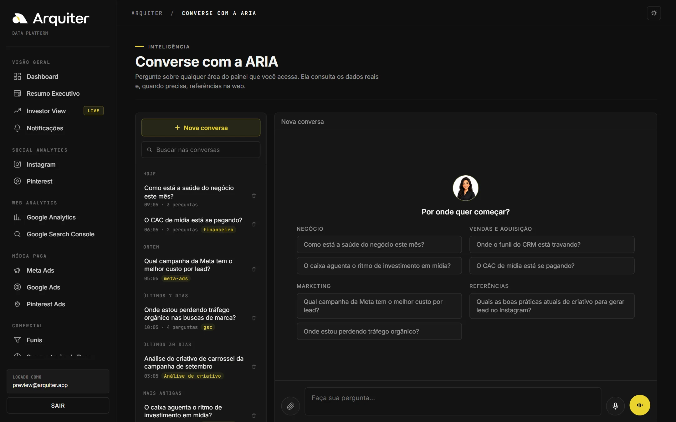Conversa com a ARIA, com sugestões de pergunta por tema